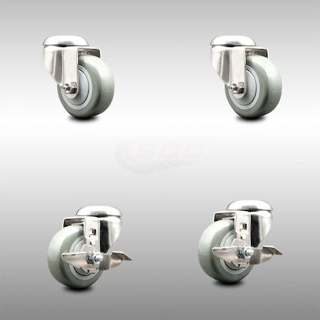 Service Caster 3 Inch 316SS Gray Polyurethane Wheel Swivel Bolt Hole Caster Brakes SCC, 2PK SCC-SS316BH20S314-PPUB-2-TLB-2